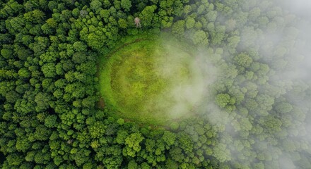Aerial view of dense forest with grassy clearing and fog patches on the edge of the trees