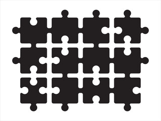 A grid of twelve black puzzle pieces connected together on a white background