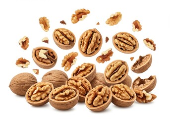 Arrangement of whole and halved walnuts with loose pieces on a bright, clean surface