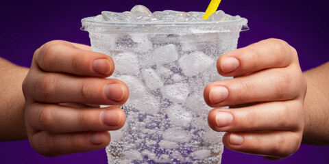Close-up of human hands holding a cold lemonade in a clear plastic cup with a straw, condensation and ice visible on the cup