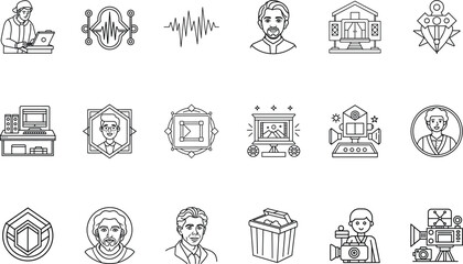 Line art icons video editing, audio waves, people, film equipment vector
