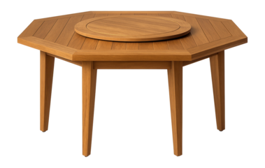Octagonal wooden garden table with a built-in lazy Susan, perfect for outdoor dining in the backyard.