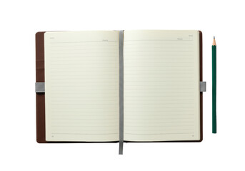 An open, blank lined notebook with cream pages, dark brown cover, and gray strap, next to a dark green sharpened pencil, isolated on a clean white background with copy space, top-down view, no