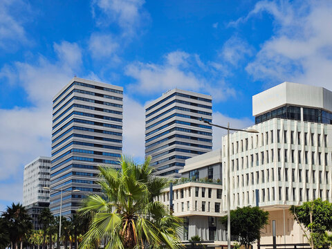 Casablanca, Morocco - July 7, 2025 - view of modern business buildings at Casablanca Finance City (CFC) in the heart of Anfa, a dynamic finance district with sleek architecture, urban development