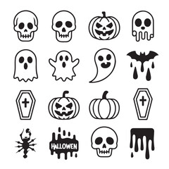 A collection of spooky halloween icons including skulls, ghosts, pumpkins, bats, coffins, and spiders