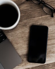 Desk with technology and coffee setup