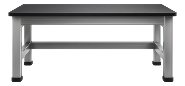 Workbench with a soundproofing mat and vibration-dampening legs, intended for a high-precision machining workshop.