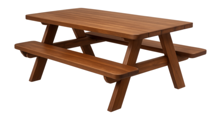 An acacia wood picnic table with attached benches, perfect for a family home's backyard.
