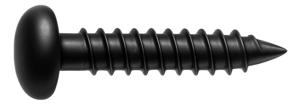 Button head self-drilling screw with a black phosphate finish for metal furniture assembly.