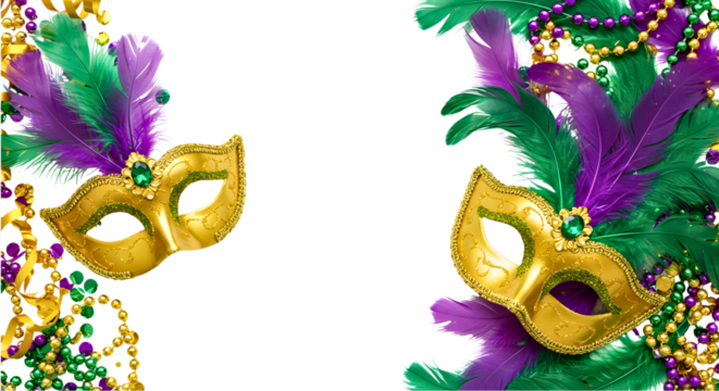 Golden mardi gras masks and beads with purple and green feathers isolated on transparent background