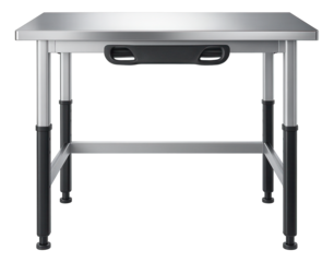Adjustable-height workbench with a stainless steel surface for a laboratory environment.