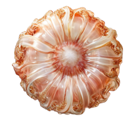 A large, orange and white vase with a flowery design