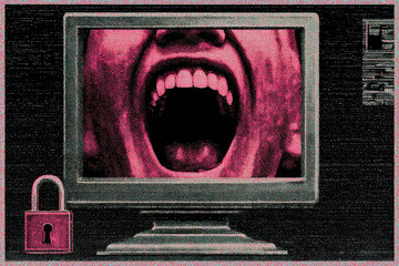 Screaming mouth displayed on computer screen with digital texture and padlock symbolizing censorship control and online suppression
