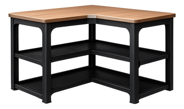 Corner workbench with a laminated top and shelving units for tight spaces in workshops.