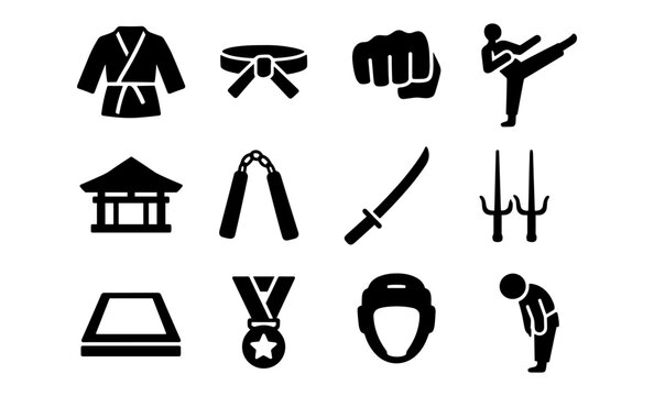 Martial arts icons set: karate, kickboxing, equipment, and symbols - Powered by Adobe