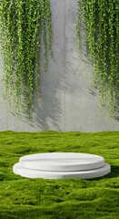 A modern display platform sits on lush green grass with hanging vines on a concrete wall