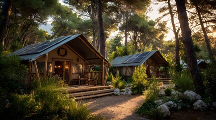 Textured Wooden Log Cabin Immersed in Woodland Retreat &ndash; Immersive Glamping Visual for Sustainable Wellness Escape
