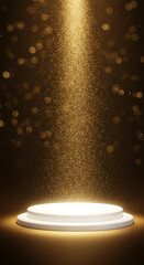 A white podium bathed in a golden spotlight with falling glitter and bokeh lights
