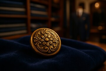 Elegant gilded button rests on rich dark blue velvet. Luxurious detail suggests couture design or vintage apparel.