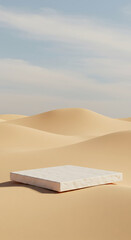 A white stone platform rests on undulating desert sand dunes under a cloudy sky