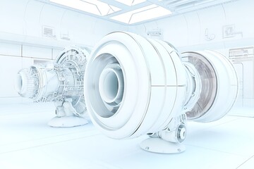 Futuristic laboratory showcasing engine component structures
