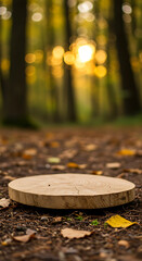 A wooden slice serves as a platform on the forest floor amidst fallen autumn leaves and dappled sunlight