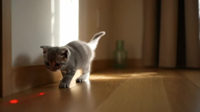 Timelapse of a curious kitten following a laser pointer light around a room, occasionally getting distracted by dust motes and flickering light reflections on the wall.





