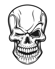 Smiling skull tattoo, vector creepy cranium with wide grin and deep eye sockets. Black and white dead head with sharp teeth and bones. Halloween, horror and gothic macabre character for print or decal