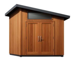 Garden shed with a loft area, offering additional storage for camping gear in a vacation home setting.