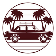 Retro Summer Vacation Road Trip Palm Trees Car Luggage