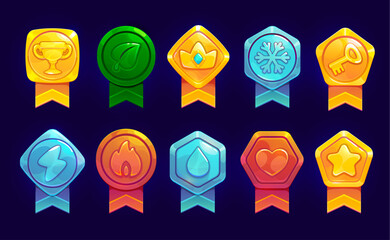 Game rank badges shields pack asset, level achievement medals vector set. Trophy icons with ribbons in bright colors with symbols for recognizing accomplishment in gaming and enhancing user experience