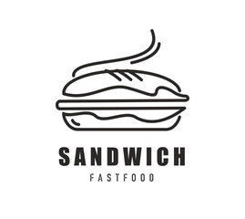 Sandwich icon, black line art emblem with hot sandwich with steam, crispy bread and filling. Vector fast food label for restaurant, menu, snack bar, delivery service brand, bistro or street meal cafe