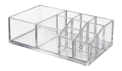 Acrylic storage box with compartments for organizing makeup on a bathroom shelf.