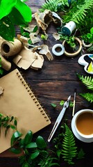 Artistic workspace with nature and coffee