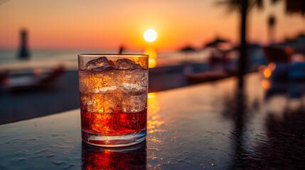 Glass of cocktail with ice cubes glows under sunset light as ocean horizon reflects through drink; cocktail radiates warmth and relaxation in tranquil evening vibe
