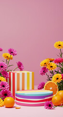 A cheerful arrangement of colorful flowers and fruits surrounding two striped podiums, perfect for a bright and lively product display