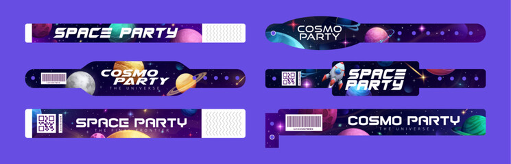 Kids space party wristband bracelets pass. Holiday hand wristlet mockup for cosmic themed celebrations. Vector set of celestial bands with bar and qr codes, planets, rockets and stars in galaxy