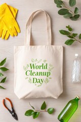 Eco-friendly tote bag featuring World Cleanup Day design, surrounded by gardening tools, gloves, and recyclable materials, promoting environmental awareness and community action