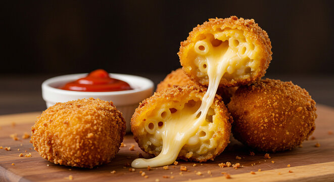 Crispy mac and cheese bites with creamy interior, plated for a bold and fun gourmet snack menu.