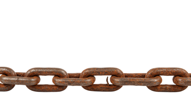 Old, heavily rusted horizontal metal chain segment with deep reddish-brown corrosion, textured wear and pitting, isolated on a plain clean white background with even lighting and no shadows, ultra