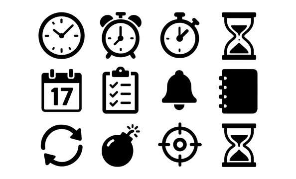 Simple time management icons set featuring clocks, calendars, and hourglasses