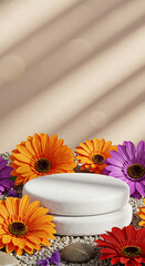 A white podium surrounded by vibrant gerbera daisies and pebbles, bathed in soft light and shadow
