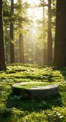 A mosscovered stone podium sits in a sundappled forest clearing, with light rays filtering through the trees