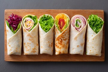 Colorful wraps filled with fresh vegetables, including lettuce, tomatoes, and purple cabbage, arranged neatly on a wooden board, showcasing healthy meal options and vibrant presentation