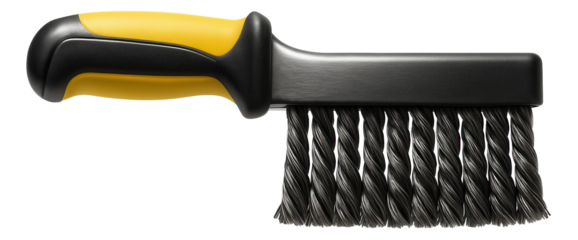 Heavy-duty wire brush with a metal handle and twisted bristles for concrete surface preparation on a building site.