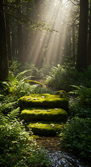 Sunbeams illuminate mosscovered stone steps winding through a lush, green forest, creating a magical pathway