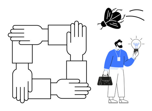 Interlocking hands symbolize teamwork, a man holds an illuminated lightbulb representing innovation, with a flying insect suggesting creative flow. Ideal for collaboration, leadership, creativity