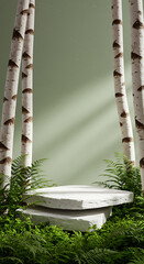 A serene forest scene with birch trees and ferns framing a stone display platform
