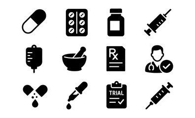 Healthcare icons: medical supplies and tools in black silhouette style
