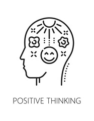 Positive thinking mental health, psychology line icon or emblem. Psychotherapy vector icon, psychology problem symbol. Cognitive disorder, mental health pictogram with smiling emoji inside human head